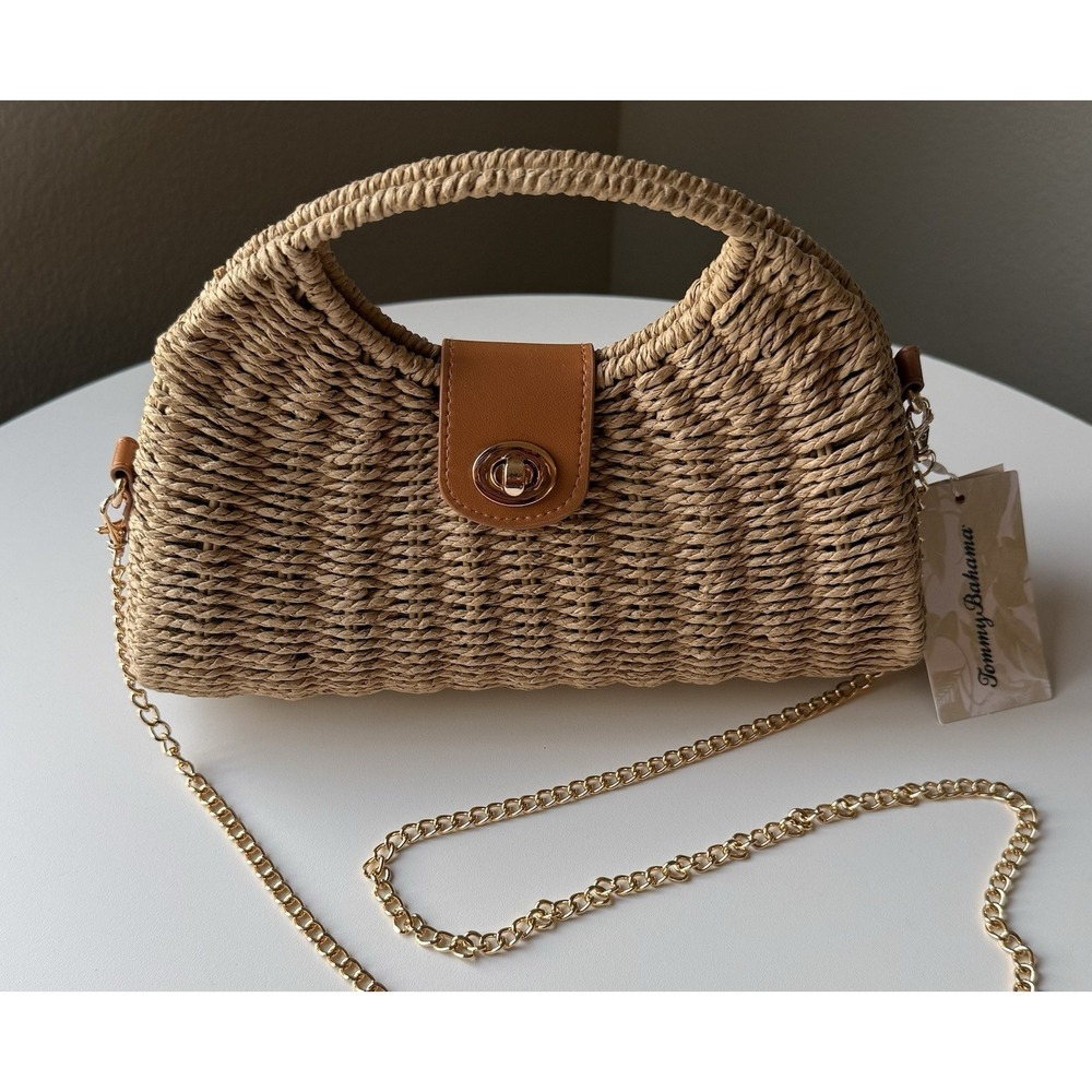 NWT Tommy Bahama Straw Woven Satchel Crossbody Bag Gold Chain Resort Beach - Picture 5 of 11